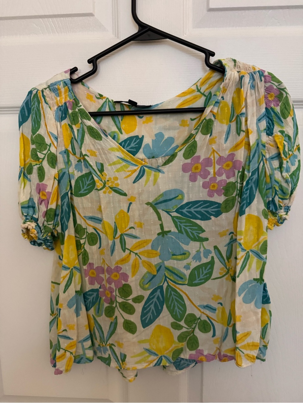 Rachel Floral Puff-Sleeve Blouse in Yellow, Green & Blue